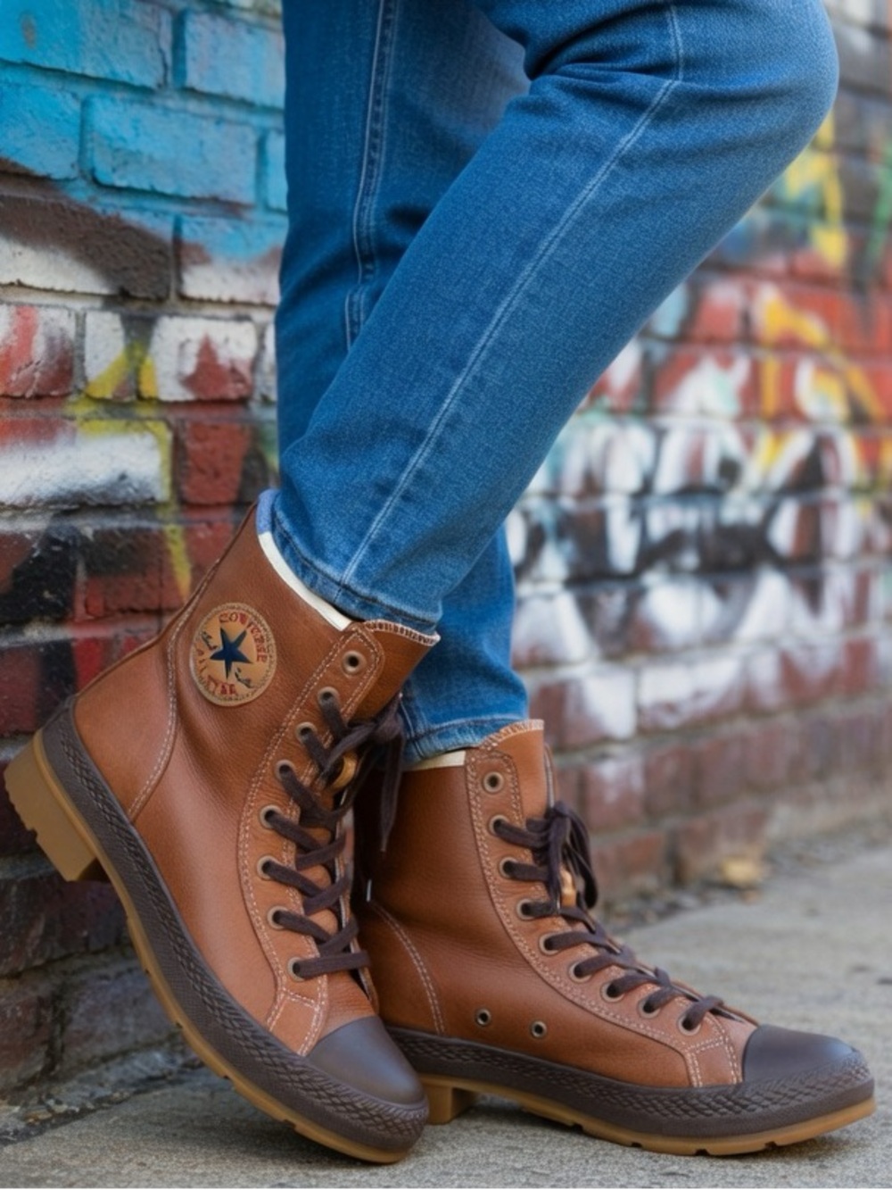 Converse  ‘lady outsider’ Brown Leather Lace-Up High-Top Boots size 8.5